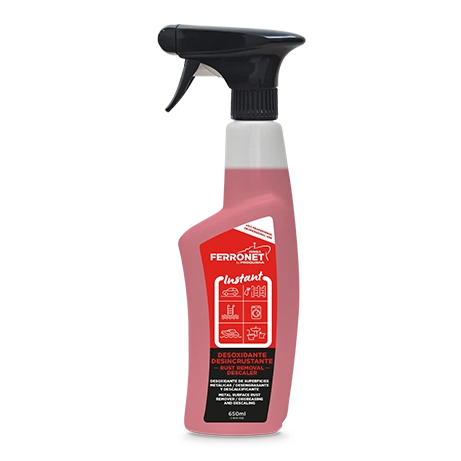FERRONET INSTANT, desoxidante con pulverizador para superficies metálicas en envase de producto, elimina óxido, cal y grasa con aplicación en espuma o spray.
