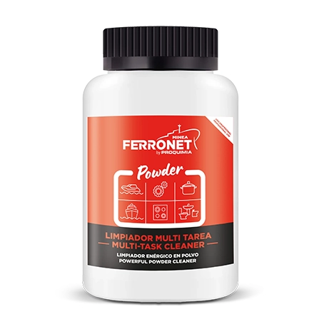 FERRONET Powder, limpiador en polvo ácido para eliminar óxido y cal en superficies náuticas e industriales, con acción detergente y abrillantadora.