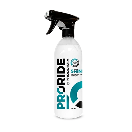 PRORIDE Bike Shine, abrillantador de bicicletas con efecto protector en envase de producto, aporta brillo inmediato y protege pintura, carbono y componentes.