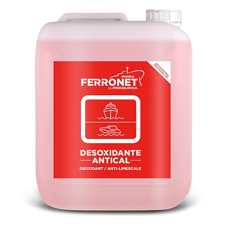 FERRONET, desoxidante náutico biodegradable en envase de producto, elimina óxido en superficies metálicas de embarcaciones y limpia cascos, cubiertas y estructuras.