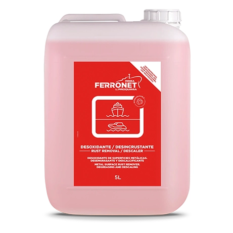FERRONET, desoxidante náutico biodegradable en envase de producto, elimina óxido en superficies metálicas de embarcaciones y limpia cascos, cubiertas y estructuras.