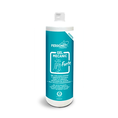 Gel Mecanic Forte, gel limpiador de manos profesional en envase de producto con disolventes y abrasivos naturales, elimina grasas, aceites y tintas sin resecar la piel.