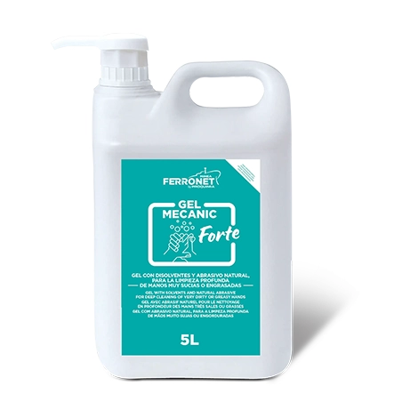Gel Mecanic Forte, gel limpiador de manos profesional en envase de producto con disolventes y abrasivos naturales, elimina grasas, aceites y tintas sin resecar la piel.