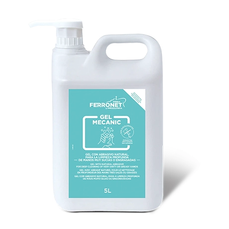Gel Mecanic, gel limpiador de manos profesional en envase de producto con abrasivos naturales, elimina grasa y aceites mientras protege y cuida la piel.