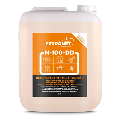 N-100-DD, multiusos desengrasante náutico en envase de producto, elimina grasa, carbonilla y aceites minerales en motores y superficies metálicas de embarcaciones.